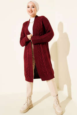 Yatay Çizgi Kabartmalı Triko Hırka Bordo - Hırka