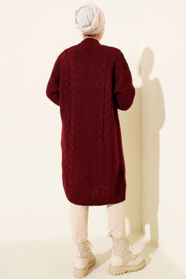 Yatay Çizgi Kabartmalı Triko Hırka Bordo - Hırka