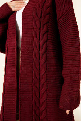 Yatay Çizgi Kabartmalı Triko Hırka Bordo - Hırka