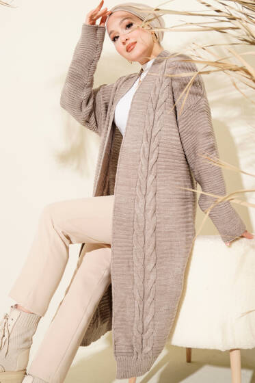 Yatay Çizgi Kabartmalı Triko Hırka Bronz - Hırka