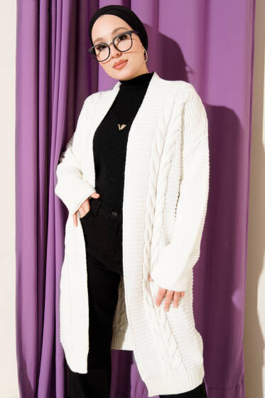 Yatay Çizgi Kabartmalı Triko Hırka Ekru - Hırka