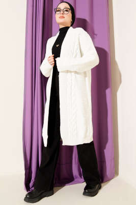 Yatay Çizgi Kabartmalı Triko Hırka Ekru - Hırka