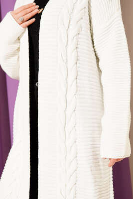 Yatay Çizgi Kabartmalı Triko Hırka Ekru - Hırka