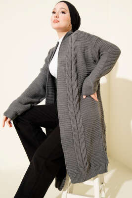 Yatay Çizgi Kabartmalı Triko Hırka Füme - RAFİMİX