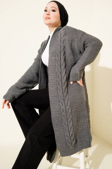 Yatay Çizgi Kabartmalı Triko Hırka Füme - Hırka