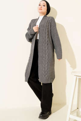 Yatay Çizgi Kabartmalı Triko Hırka Füme - Hırka