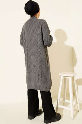 Yatay Çizgi Kabartmalı Triko Hırka Füme - Hırka