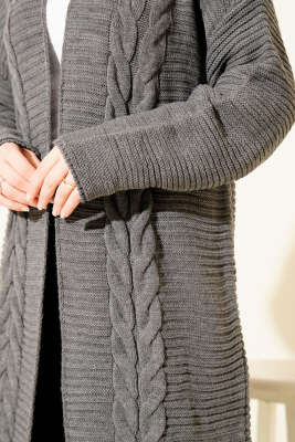 Yatay Çizgi Kabartmalı Triko Hırka Füme - Hırka