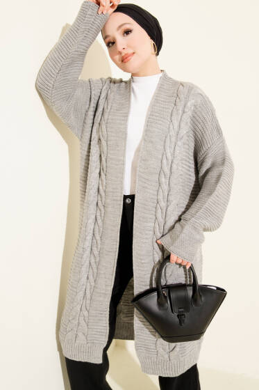 Yatay Çizgi Kabartmalı Triko Hırka Gri - Hırka