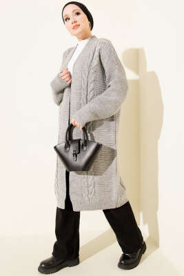 Yatay Çizgi Kabartmalı Triko Hırka Gri - Hırka