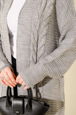 Yatay Çizgi Kabartmalı Triko Hırka Gri - Hırka