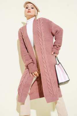 Yatay Çizgi Kabartmalı Triko Hırka Gül Kurusu - RAFİMİX