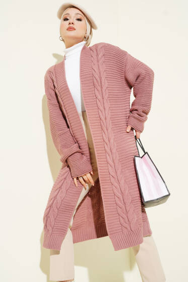 Yatay Çizgi Kabartmalı Triko Hırka Gül Kurusu - Hırka