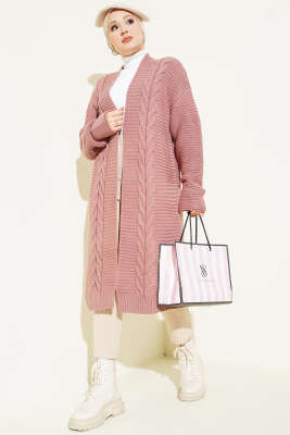 Yatay Çizgi Kabartmalı Triko Hırka Gül Kurusu - Hırka