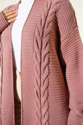 Yatay Çizgi Kabartmalı Triko Hırka Gül Kurusu - Hırka