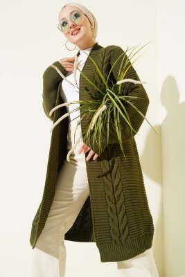 Yatay Çizgi Kabartmalı Triko Hırka Haki - Hırka