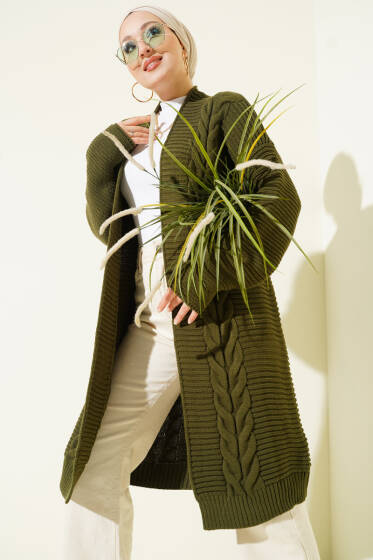 Yatay Çizgi Kabartmalı Triko Hırka Haki - Hırka