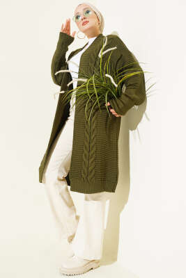 Yatay Çizgi Kabartmalı Triko Hırka Haki - Hırka