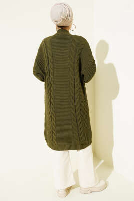 Yatay Çizgi Kabartmalı Triko Hırka Haki - Hırka