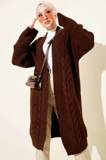 Yatay Çizgi Kabartmalı Triko Hırka Kahve - Hırka