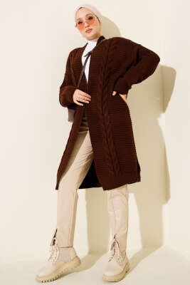 Yatay Çizgi Kabartmalı Triko Hırka Kahve - Hırka