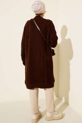 Yatay Çizgi Kabartmalı Triko Hırka Kahve - Hırka