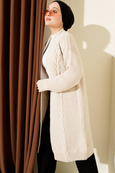 Yatay Çizgi Kabartmalı Triko Hırka Taş - Hırka