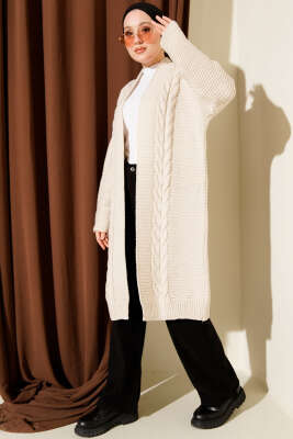 Yatay Çizgi Kabartmalı Triko Hırka Taş - Hırka