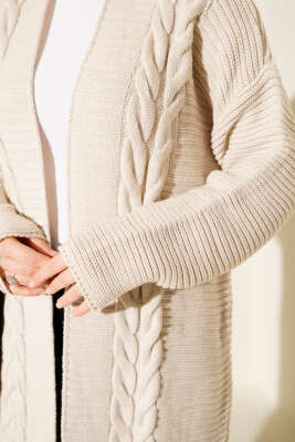 Yatay Çizgi Kabartmalı Triko Hırka Taş - Hırka