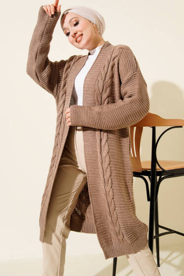 Yatay Çizgi Kabartmalı Triko Hırka Vizon - Hırka