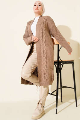 Yatay Çizgi Kabartmalı Triko Hırka Vizon - Hırka