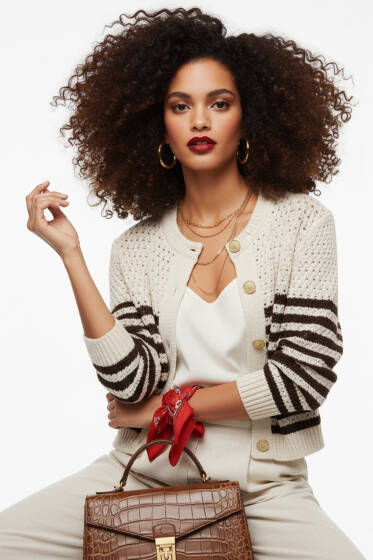 Yatay Çizgili Ajurlu Kısa Triko Hırka Bej - Kadın Giyim Modelleri