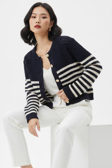 Yatay Çizgili Ajurlu Kısa Triko Hırka Lacivert - Kadın Giyim Modelleri