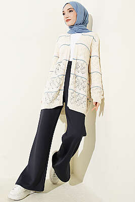 Yatay Çizgili Ajurlu Triko Hırka Bej - Hırka