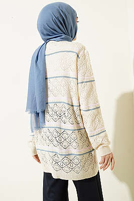 Yatay Çizgili Ajurlu Triko Hırka Bej - Hırka