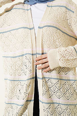 Yatay Çizgili Ajurlu Triko Hırka Bej - Hırka