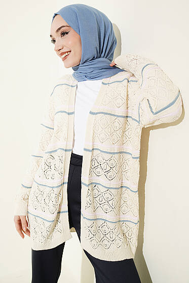 Yatay Çizgili Ajurlu Triko Hırka Bej - Yılın Fırsatı