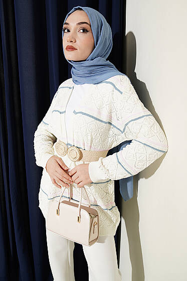 Yatay Çizgili Ajurlu Triko Hırka Ekru - Hırka