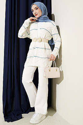 Yatay Çizgili Ajurlu Triko Hırka Ekru - Hırka