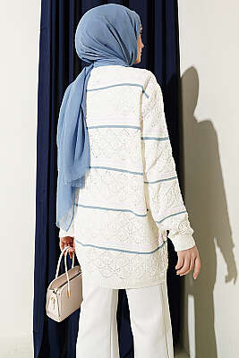 Yatay Çizgili Ajurlu Triko Hırka Ekru - Hırka