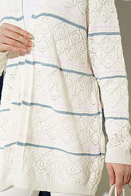 Yatay Çizgili Ajurlu Triko Hırka Ekru - Hırka