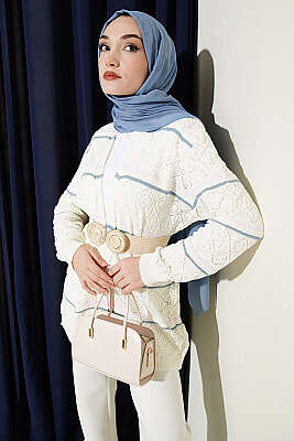 Yatay Çizgili Ajurlu Triko Hırka Ekru - VANİZA TRİKO