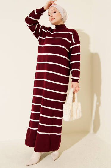 Yatay Çizgili Balıkçı Yaka Triko Elbise Bordo - Elbise