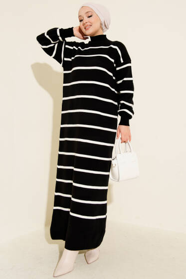 Yatay Çizgili Balıkçı Yaka Triko Elbise Siyah - Elbise