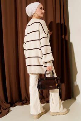 Yatay Çizgili Balon Kol Triko Tunik Bej - Hırka
