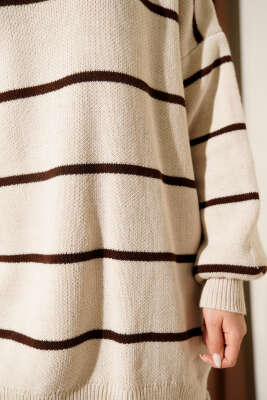 Yatay Çizgili Balon Kol Triko Tunik Bej - Hırka