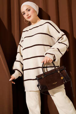 Yatay Çizgili Balon Kol Triko Tunik Bej - RAFİMİX