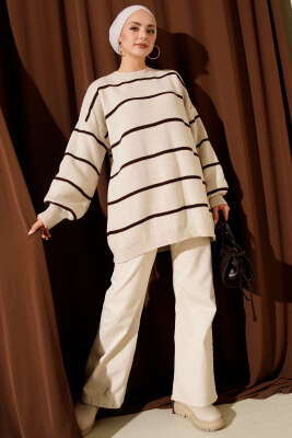 Yatay Çizgili Balon Kol Triko Tunik Bej - Tunik