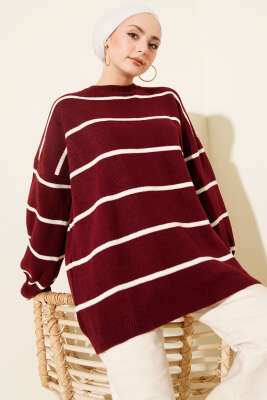 Yatay Çizgili Balon Kol Triko Tunik Bordo 