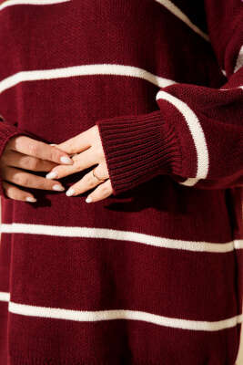 Yatay Çizgili Balon Kol Triko Tunik Bordo - Günün Seçilenleri